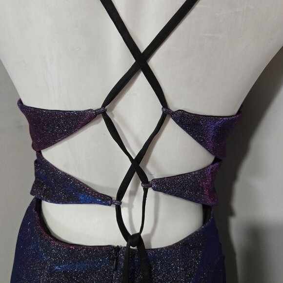 L (~6-10) Shein Belle Purple/Pink Metallic Duochrome Laceup Ruched Mermaid Gown - Picture 5 of 10